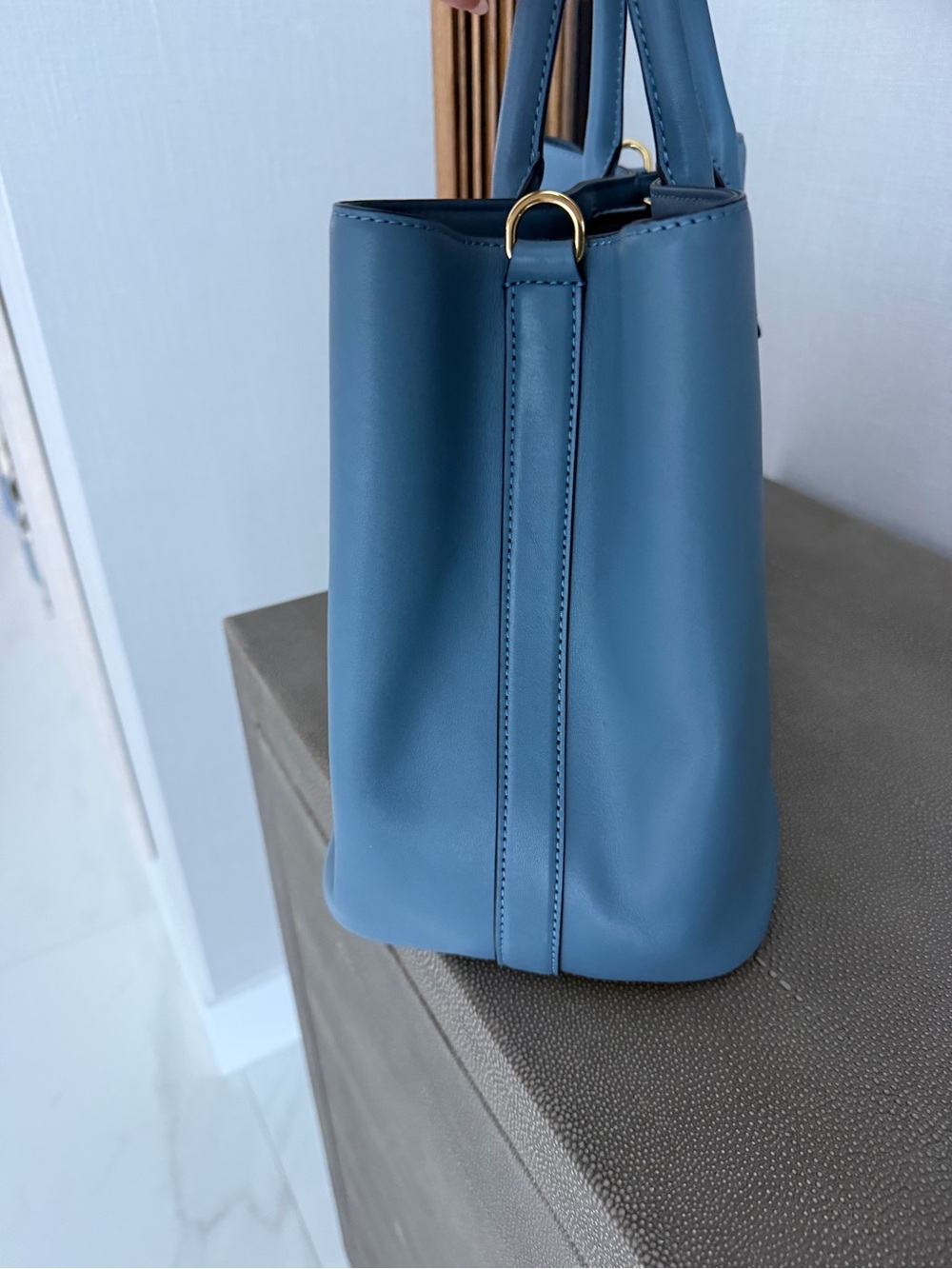 Ralph Lauren Dusty Blue Leather Tote with Gold RL Accent - Picture 3 of 3